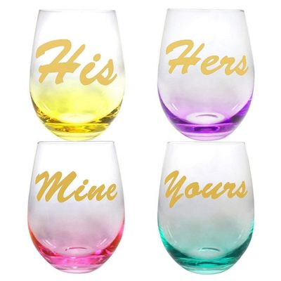 Kalite Egg Shape  Stemless Clear Wine Glass ，Clear Stemless Wine Glasses With Golden Fonts Fabrika