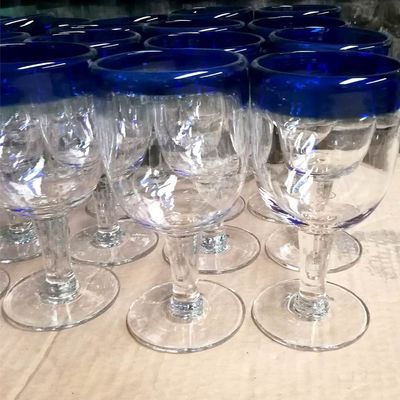 Kalite Blue Rim Mexican Drinking Glass Crystal Wine Glass , Red Glass Wine Glasses Fabrika
